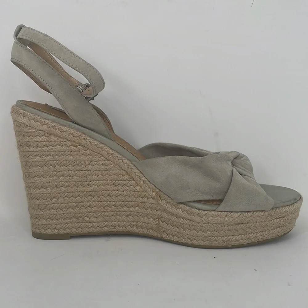 FRYE SANDALS Wedge Heel Shoes Ankle Strap Bow Tan Sage Leather Size 10